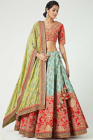 Firozi Chanderi Lehenga Set by Debyani