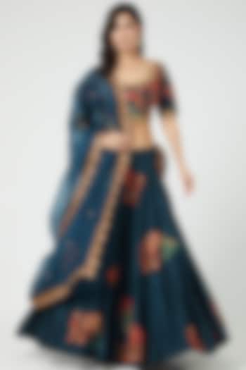 Navy Blue Chanderi & Organza Embroidered Wedding Lehenga Set by Debyani at Pernia's Pop Up Shop