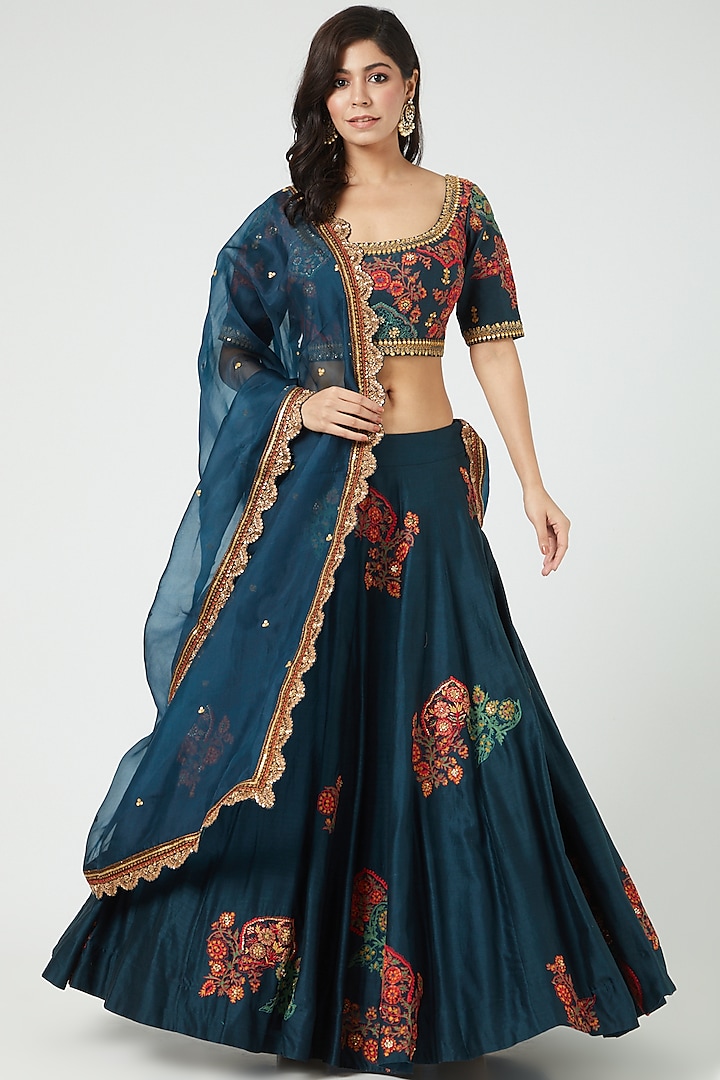 Navy Blue Chanderi & Organza Embroidered Wedding Lehenga Set by Debyani at Pernia's Pop Up Shop
