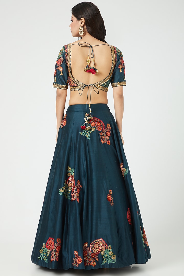 Navy Blue Chanderi & Organza Embroidered Wedding Lehenga Set by Debyani at Pernia's Pop Up Shop