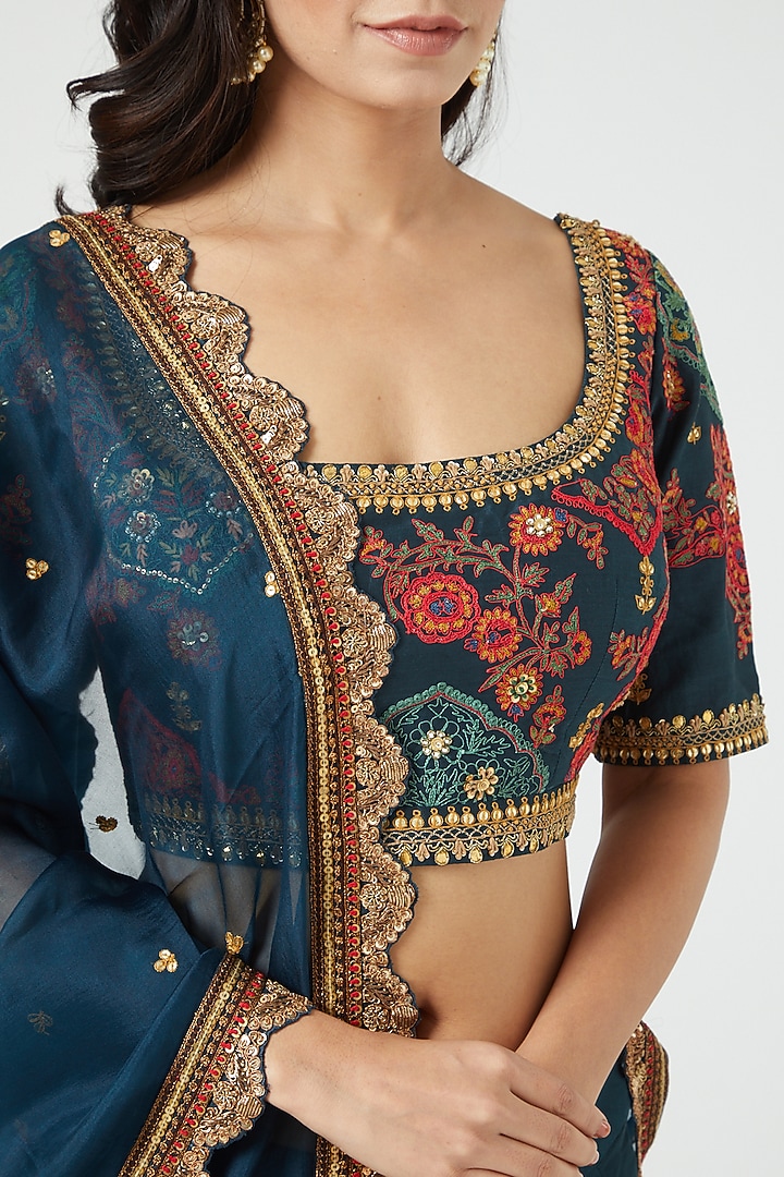 Navy Blue Chanderi & Organza Embroidered Wedding Lehenga Set by Debyani at Pernia's Pop Up Shop
