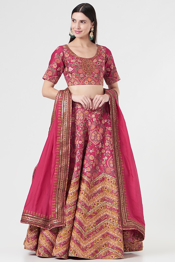 Magenta Habutai Silk Bridal Lehenga Set by Debyani at Pernia's Pop Up Shop