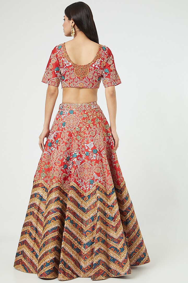 Red Chanderi Printed Bridal Lehenga Set by Debyani at Pernia's Pop Up Shop