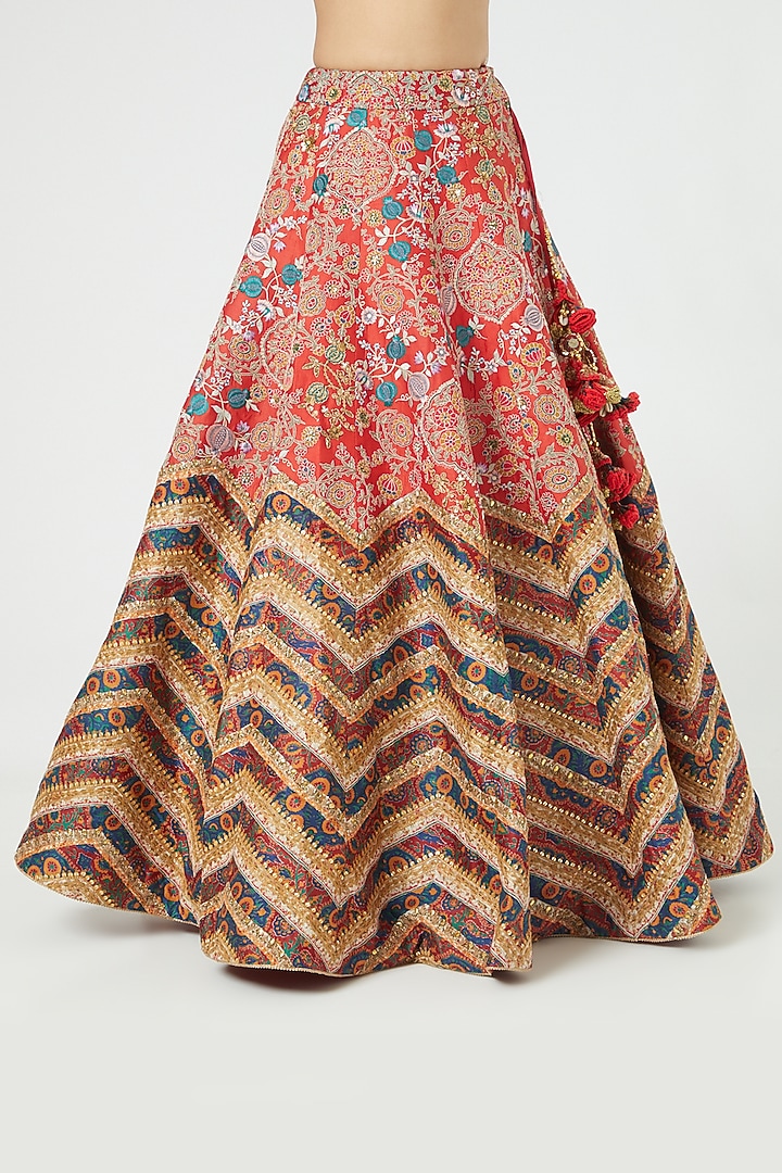 Red Chanderi Printed Bridal Lehenga Set by Debyani at Pernia's Pop Up Shop