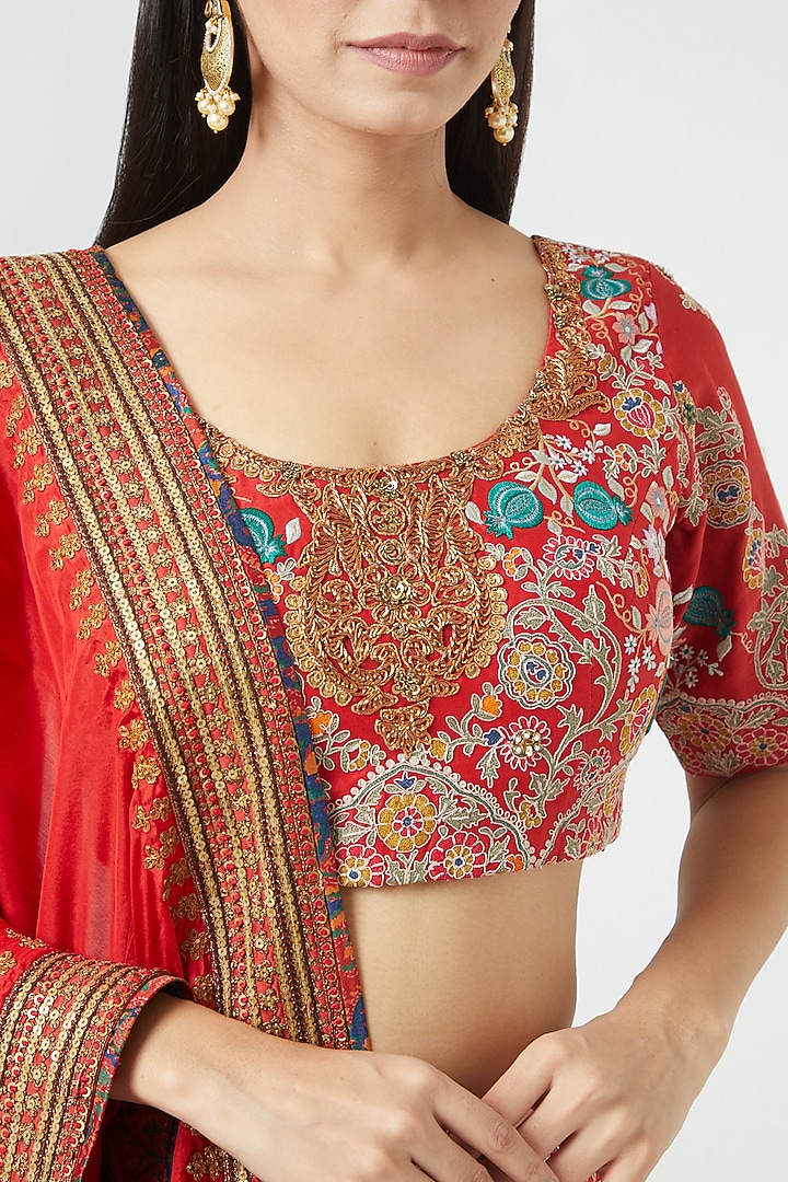 Red Chanderi Printed Bridal Lehenga Set by Debyani at Pernia's Pop Up Shop
