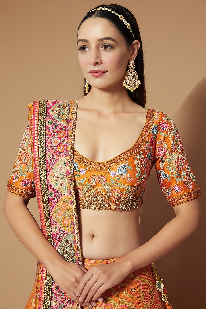 Orange Chanderi Bridal Lehenga Set by Debyani at Pernia's Pop Up Shop