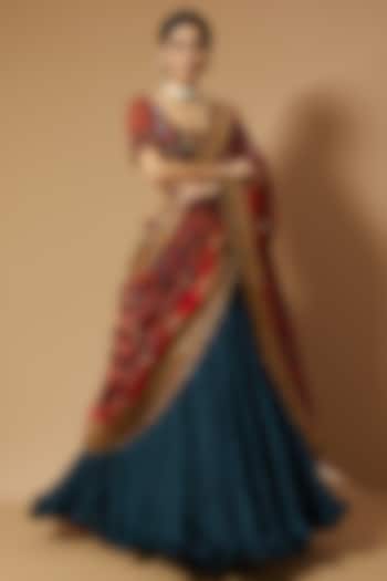 Teal Blue Chanderi Skirt Set by Debyani