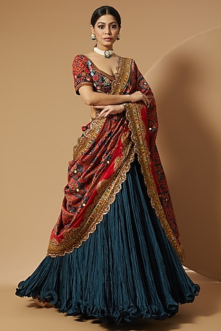 Teal Blue Chanderi Skirt Set by Debyani