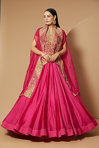 Magenta Chanderi & Raw Silk Skirt Set by Debyani