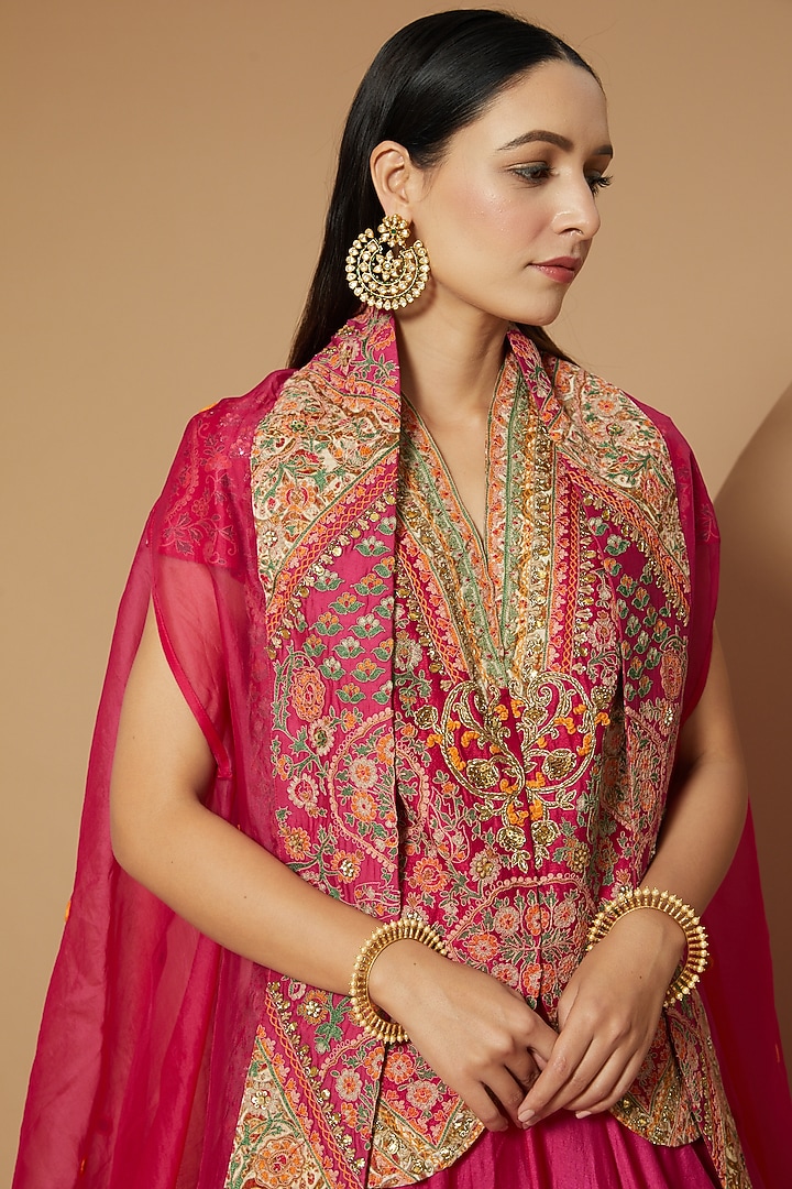 Magenta Chanderi & Raw Silk Skirt Set by Debyani at Pernia's Pop Up Shop