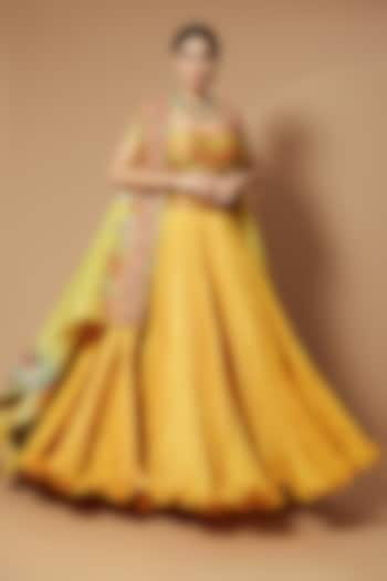 Yellow Chanderi Crushed Skirt Set by Debyani