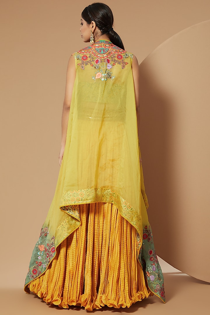 Yellow Chanderi Crushed Skirt Set by Debyani at Pernia's Pop Up Shop