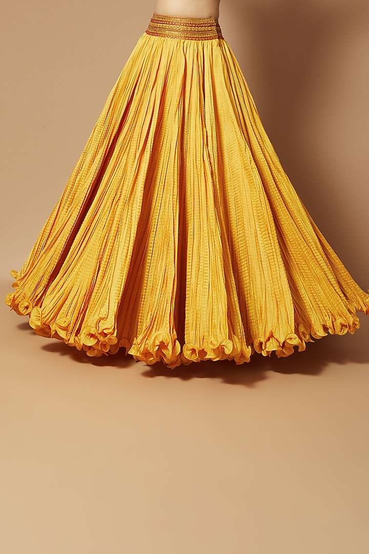 Yellow Chanderi Crushed Skirt Set by Debyani at Pernia's Pop Up Shop
