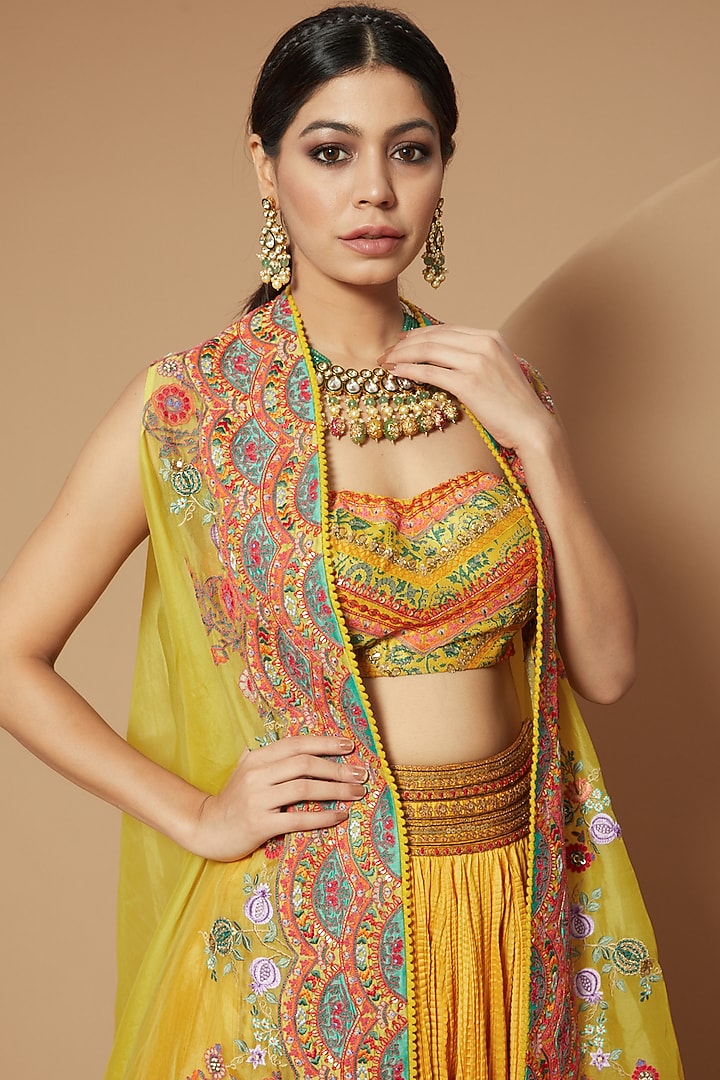 Yellow Chanderi Crushed Skirt Set by Debyani at Pernia's Pop Up Shop
