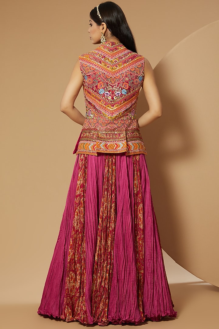 Magenta Chanderi Crushed Skirt Set by Debyani at Pernia's Pop Up Shop