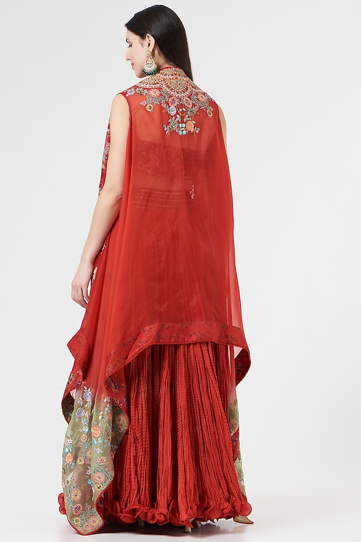 Red Chanderi Crushed Skirt Set by Debyani at Pernia's Pop Up Shop