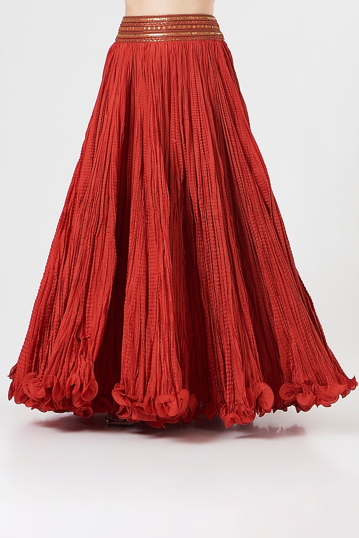 Red Chanderi Crushed Skirt Set by Debyani at Pernia's Pop Up Shop