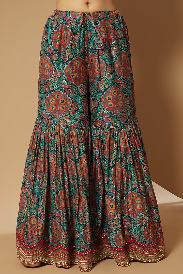 Blue Mughal Printed Bridal Sharara Set by Debyani at Pernia's Pop Up Shop
