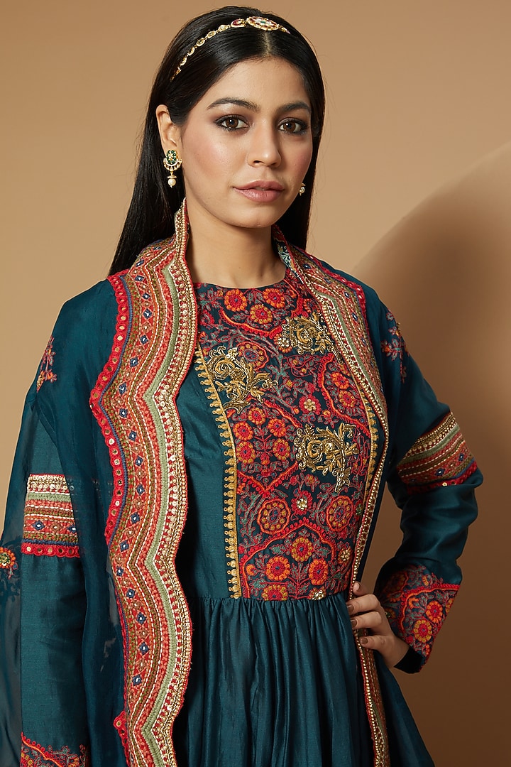 Blue Mughal Printed Bridal Sharara Set by Debyani at Pernia's Pop Up Shop