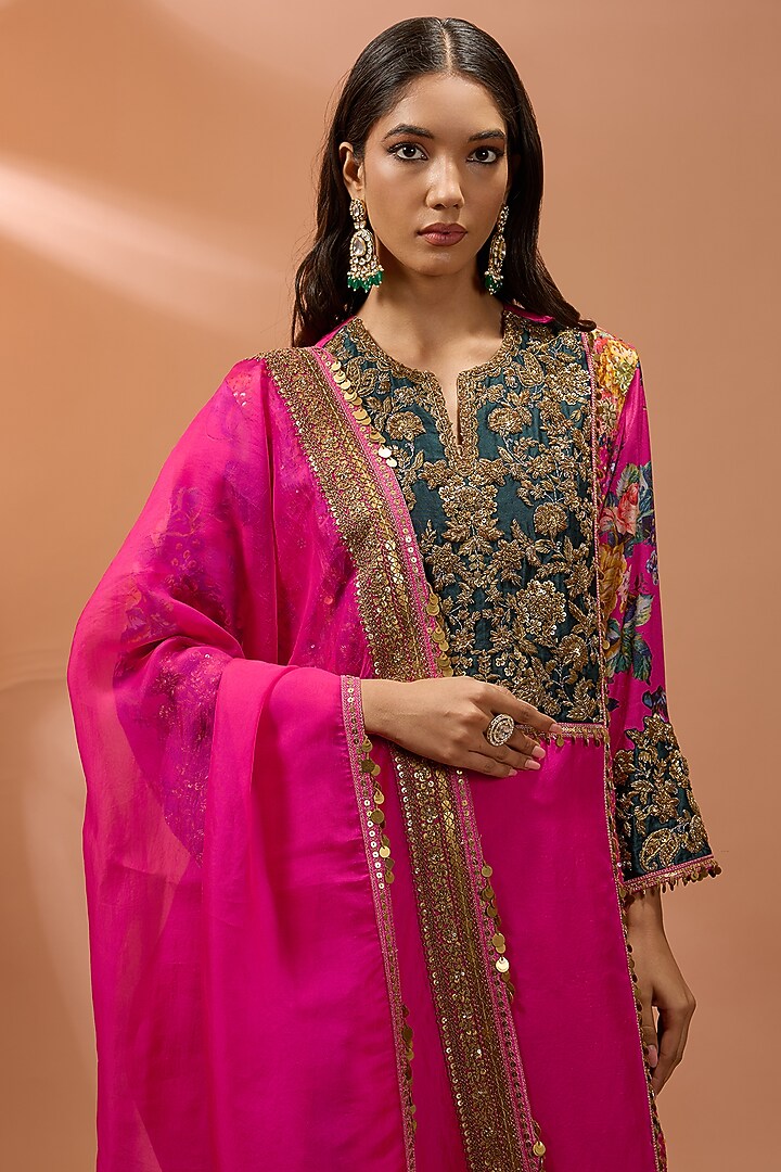 Pink Silk Hand & Machine Embroidered Kurta Set by Debyani at Pernia's Pop Up Shop