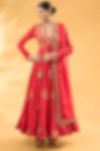 Red Silk Chanderi Mirror Work Kalidar Anarkali Set by Debyani at Pernia's Pop Up Shop