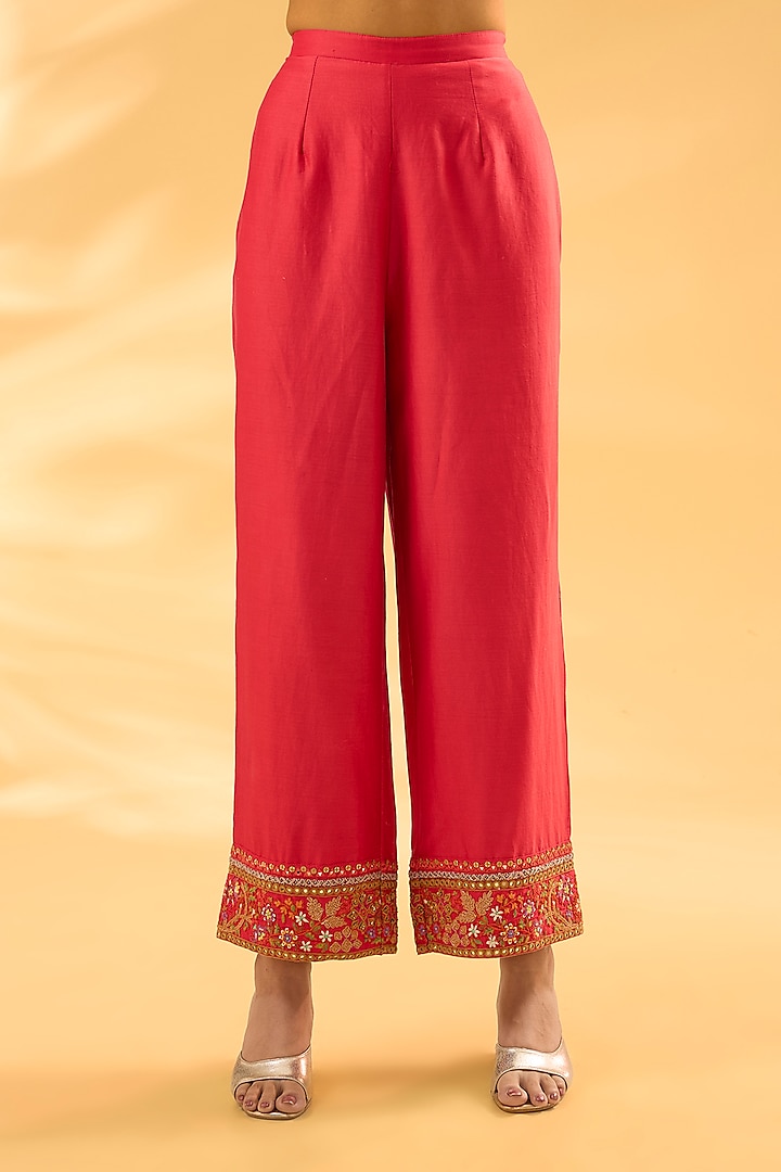 Red Silk Chanderi Mirror Work Kalidar Bridal Anarkali Set by Debyani at Pernia's Pop Up Shop