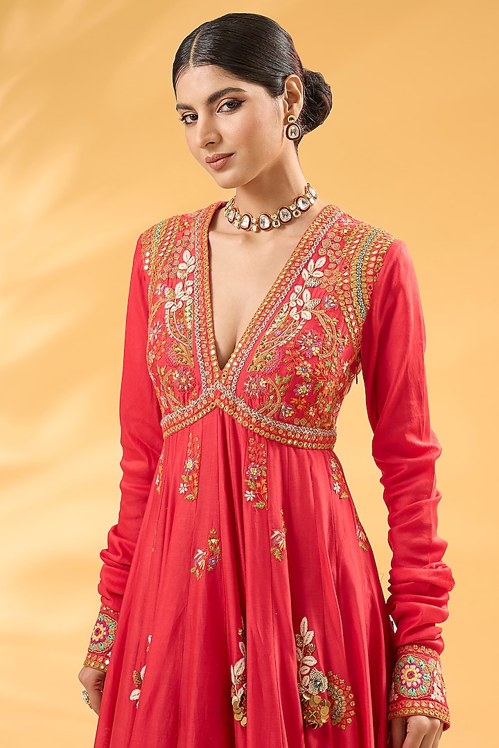 Red Silk Chanderi Mirror Work Kalidar Bridal Anarkali Set by Debyani at Pernia's Pop Up Shop