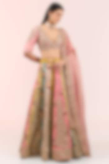 Pink Silk Embroidered & Floral Printed Bridal Lehenga Set by Debyani at Pernia's Pop Up Shop