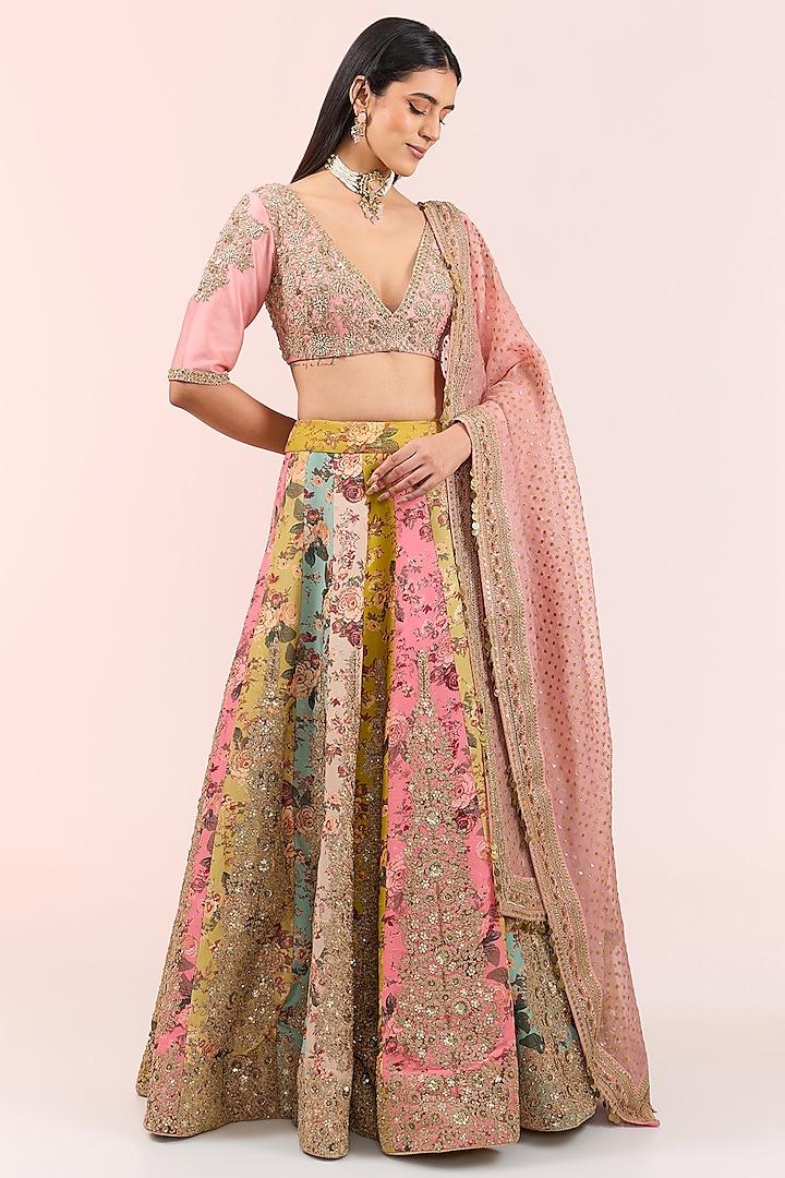 Pink Silk Embroidered & Floral Printed Bridal Lehenga Set by Debyani at Pernia's Pop Up Shop