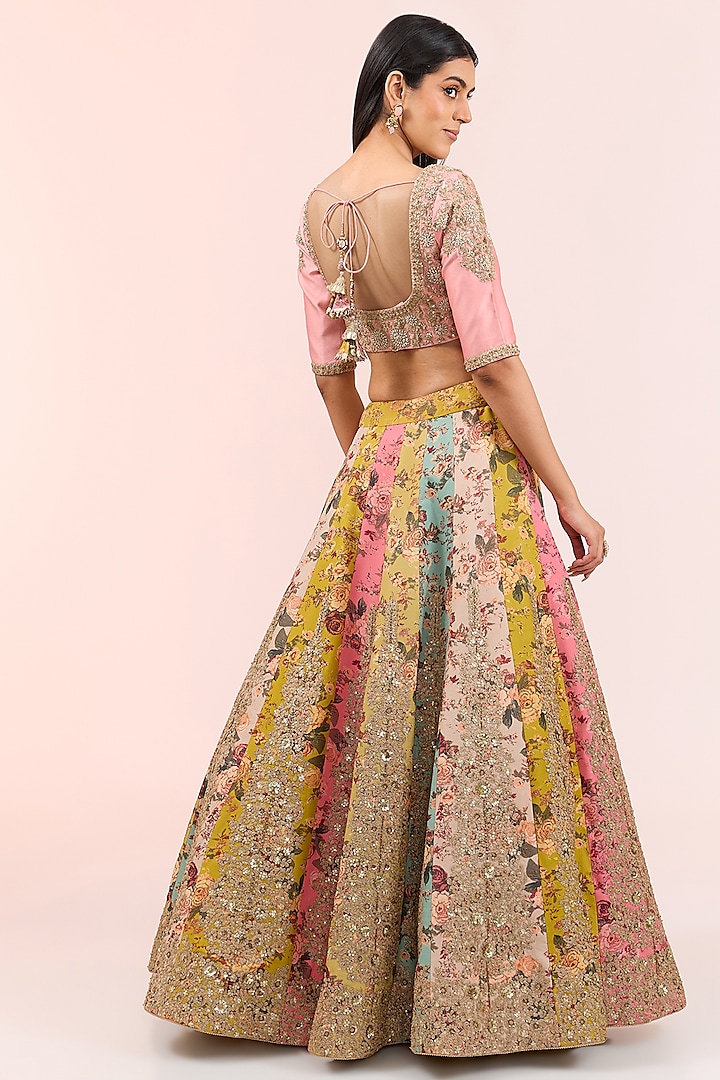 Pink Silk Embroidered & Floral Printed Bridal Lehenga Set by Debyani at Pernia's Pop Up Shop