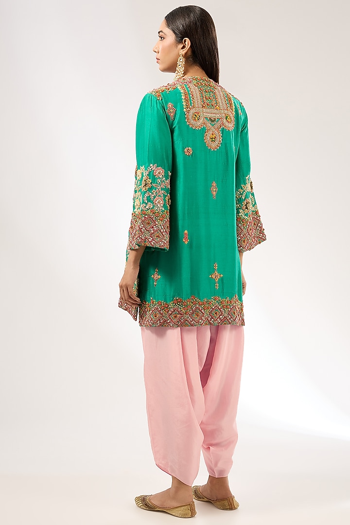 Green Silk Hand & Machine Embroidered Kurta Set by Debyani at Pernia's Pop Up Shop