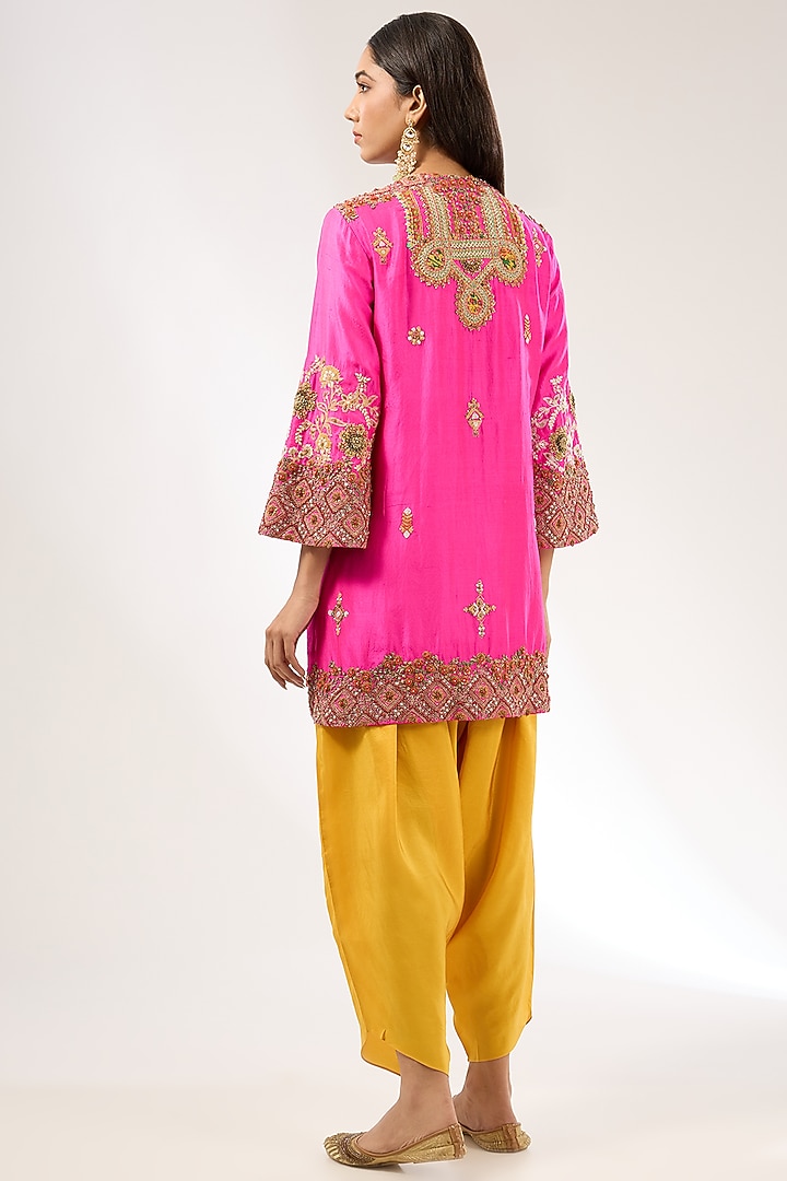 Rani Pink Silk Hand & Machine Embroidered Kurta Set by Debyani at Pernia's Pop Up Shop