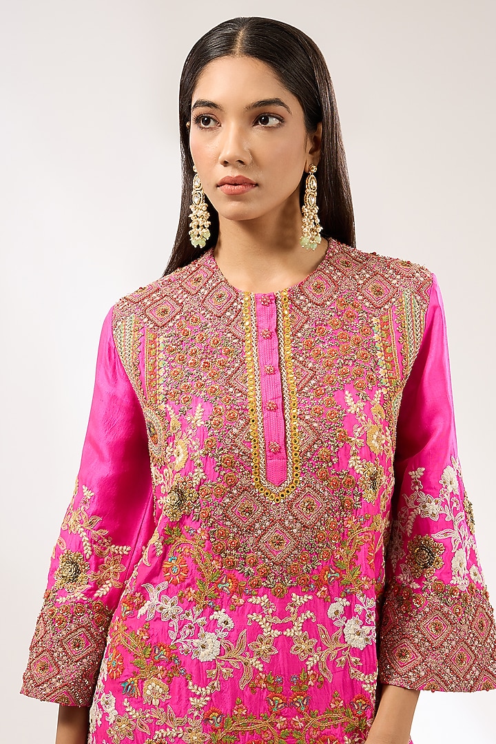 Rani Pink Silk Hand & Machine Embroidered Kurta Set by Debyani at Pernia's Pop Up Shop