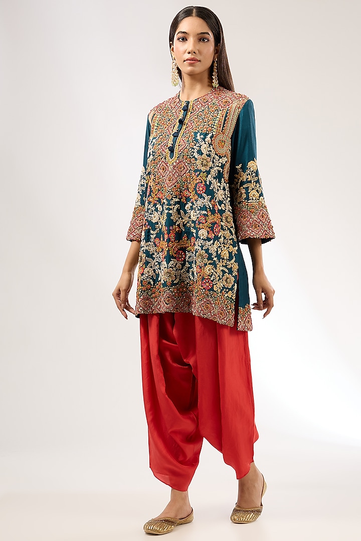 Blue Silk Hand & Machine Embroidered Kurta Set by Debyani