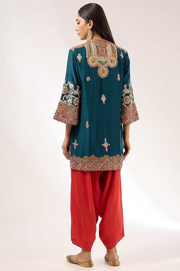 Blue Silk Hand & Machine Embroidered Kurta Set by Debyani at Pernia's Pop Up Shop