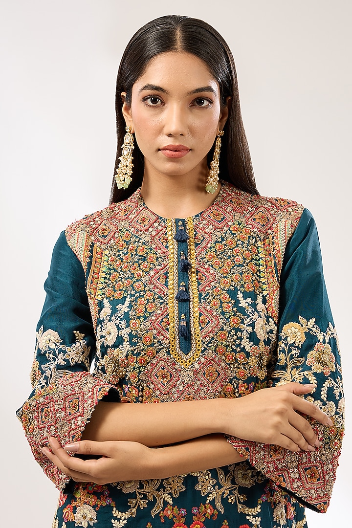 Blue Silk Hand & Machine Embroidered Kurta Set by Debyani at Pernia's Pop Up Shop