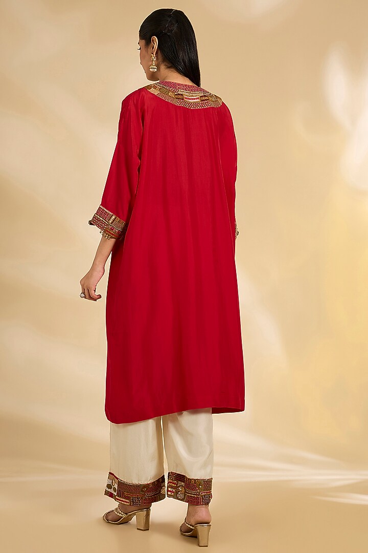 Red Silk Hand & Machine Embroidered Kaftan Set by Debyani at Pernia's Pop Up Shop