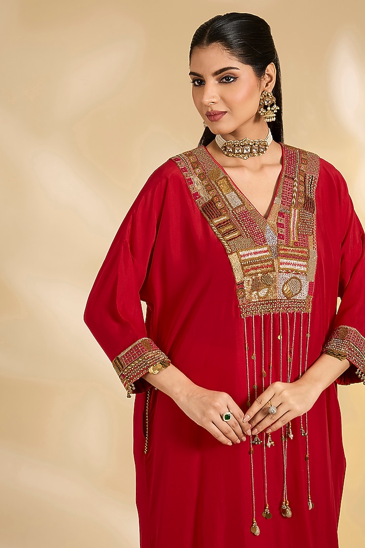 Red Silk Hand & Machine Embroidered Kaftan Set by Debyani at Pernia's Pop Up Shop