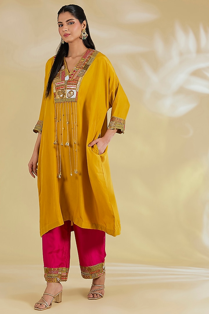 Yellow Silk Hand & Machine Embroidered Abstract Kaftan Set by Debyani at Pernia's Pop Up Shop