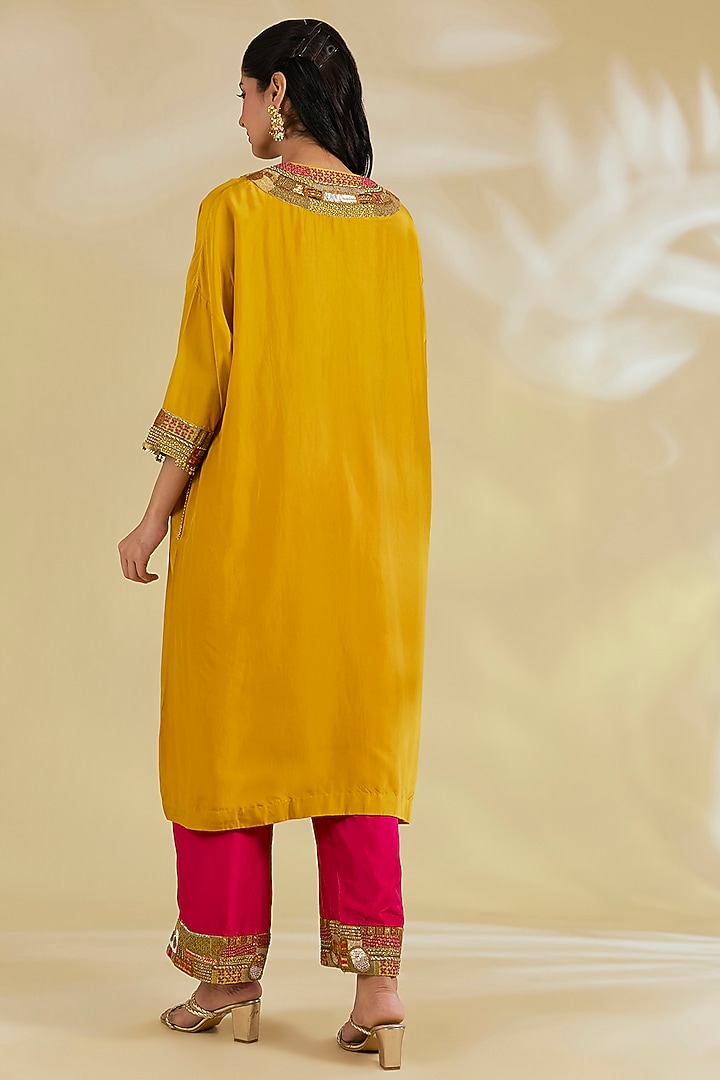 Yellow Silk Hand & Machine Embroidered Abstract Kaftan Set by Debyani at Pernia's Pop Up Shop