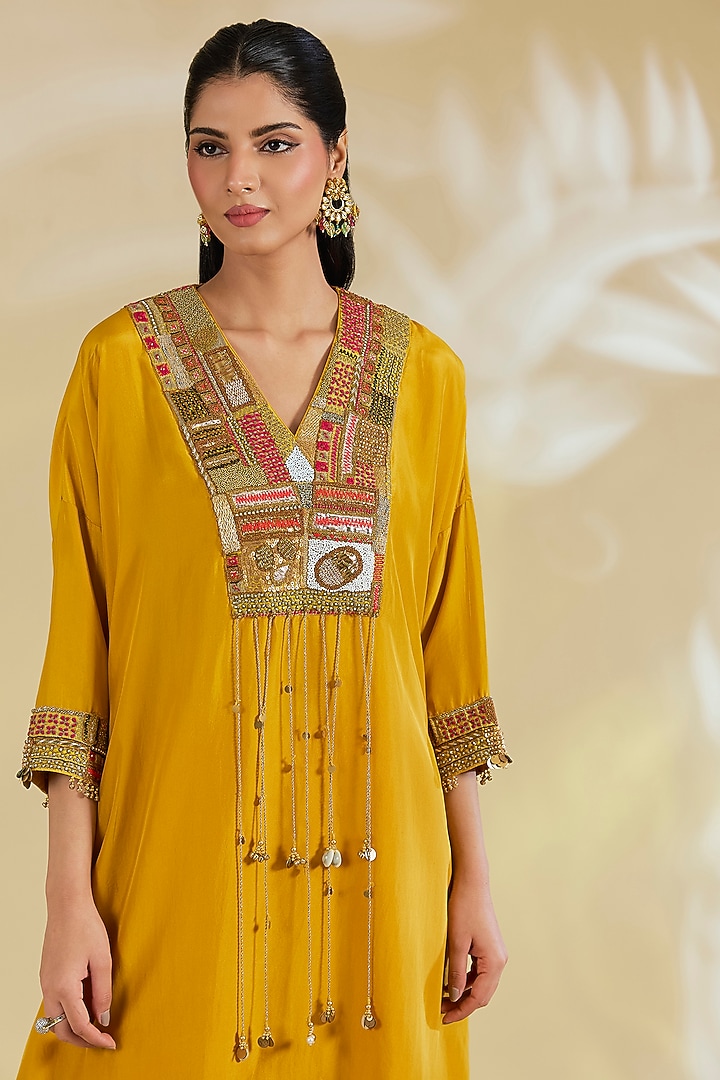 Yellow Silk Hand & Machine Embroidered Abstract Kaftan Set by Debyani at Pernia's Pop Up Shop