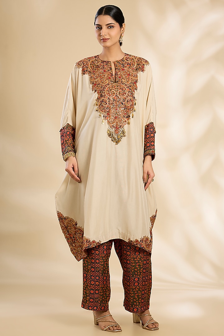 Ivory Silk Hand & Machine Embroidered Kaftan Set by Debyani at Pernia's Pop Up Shop