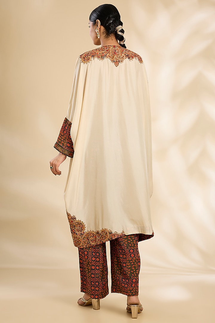 Ivory Silk Hand & Machine Embroidered Kaftan Set by Debyani at Pernia's Pop Up Shop