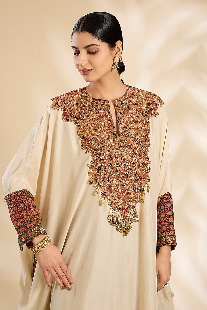 Ivory Silk Hand & Machine Embroidered Kaftan Set by Debyani at Pernia's Pop Up Shop