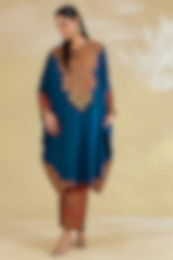 Blue Silk Hand & Machine Embroidered Kaftan Set by Debyani at Pernia's Pop Up Shop
