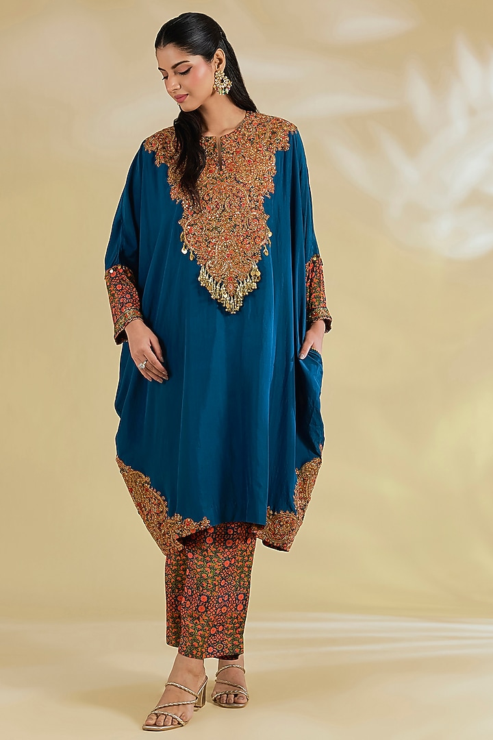 Blue Silk Hand & Machine Embroidered Kaftan Set by Debyani at Pernia's Pop Up Shop