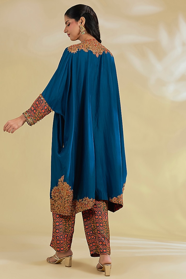 Blue Silk Hand & Machine Embroidered Kaftan Set by Debyani at Pernia's Pop Up Shop