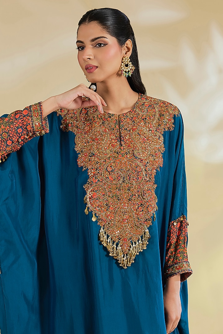 Blue Silk Hand & Machine Embroidered Kaftan Set by Debyani at Pernia's Pop Up Shop