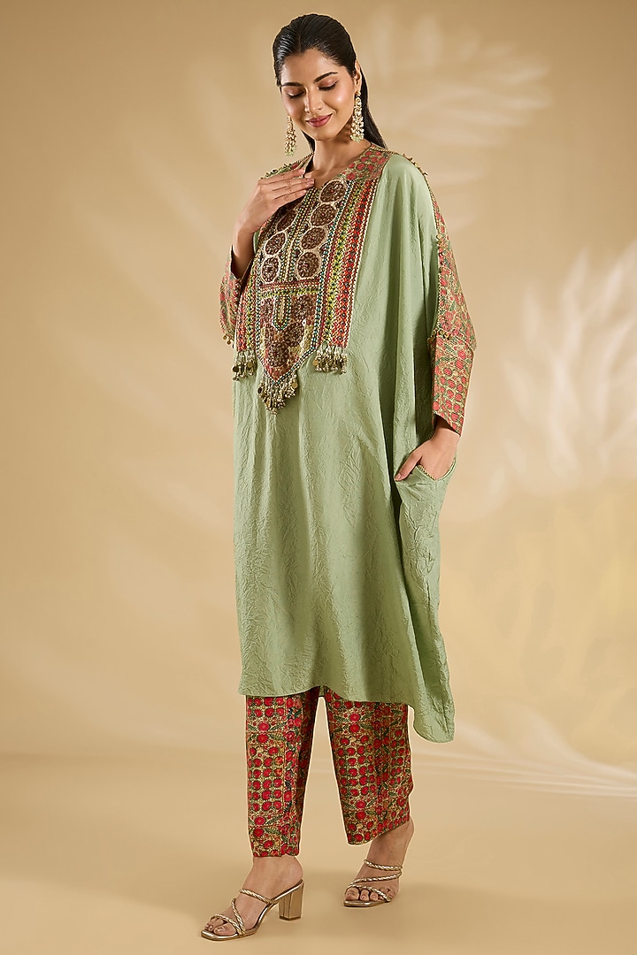 Pista Green Silk Abstract Printed & Embroidered Kaftan Set by Debyani at Pernia's Pop Up Shop