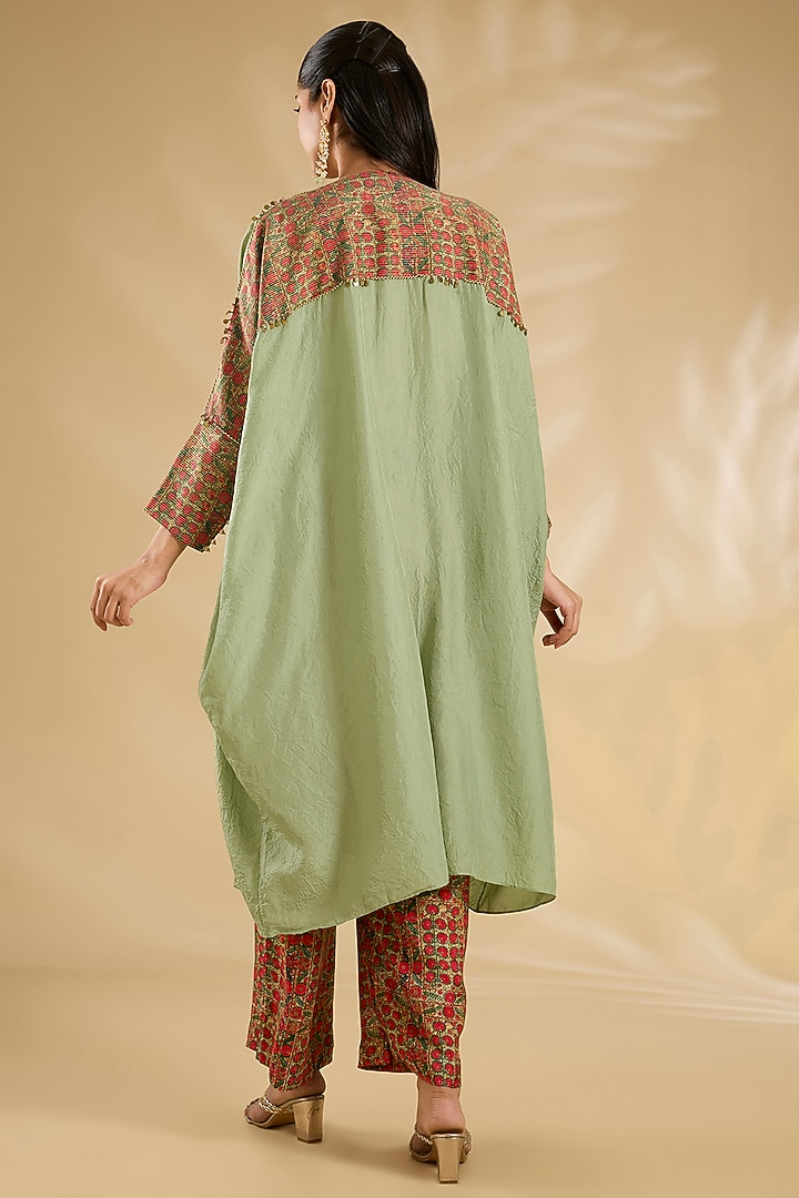 Pista Green Silk Abstract Printed & Embroidered Kaftan Set by Debyani at Pernia's Pop Up Shop